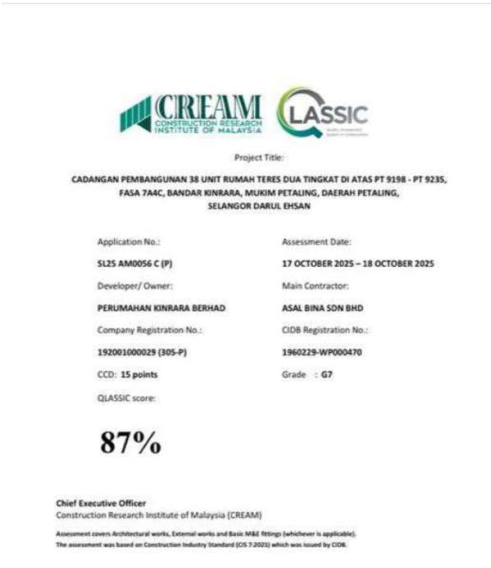 QLASSIC certificate — 38 Unit Rumah Teres 2 Tingkat, Bandar Kinrara