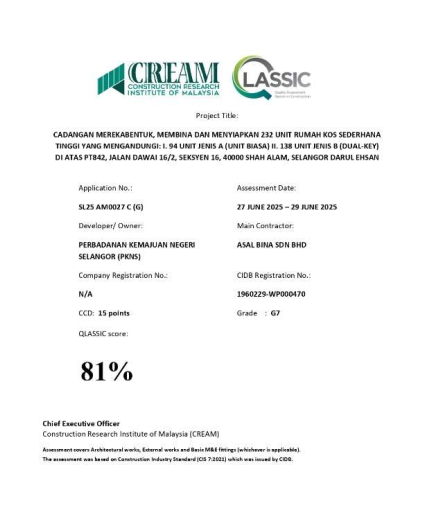 QLASSIC certificate — 232 Unit Rumah Kos Sederhana Tinggi, Seksyen 16, Shah Alam