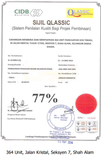 QLASSIC certificate — 364 Unit Pangsapuri Kos Tinggi, Jalan Kristal, Seksyen 7, Shah Alam