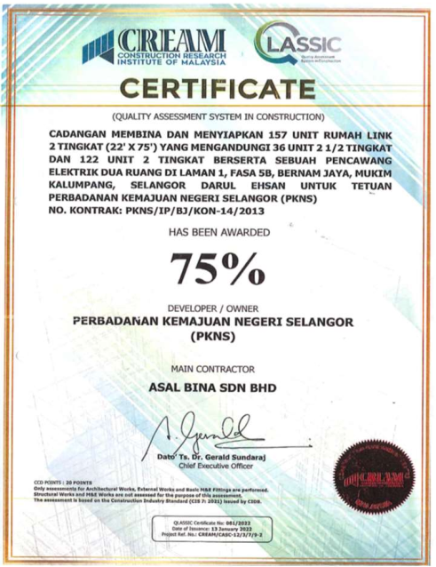 QLASSIC certificate — 157 Unit Rumah Link 2 Tingkat, Fasa 5B, Bernam Jaya
