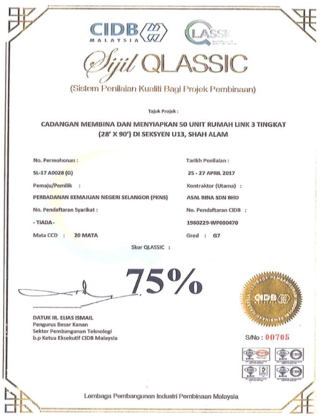 QLASSIC certificate — 50 Unit Rumah Link 3 Tingkat, Seksyen U13, Shah Alam