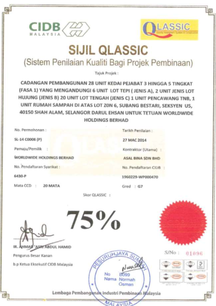 QLASSIC certificate — 28 Unit Kedai Pejabat, Subang Bestari, Seksyen U5, Shah Alam