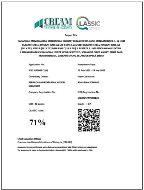 QLASSIC certificate — 300 Unit Rumah Teres, Selangor Cyber Valley, Mukim Dengkil