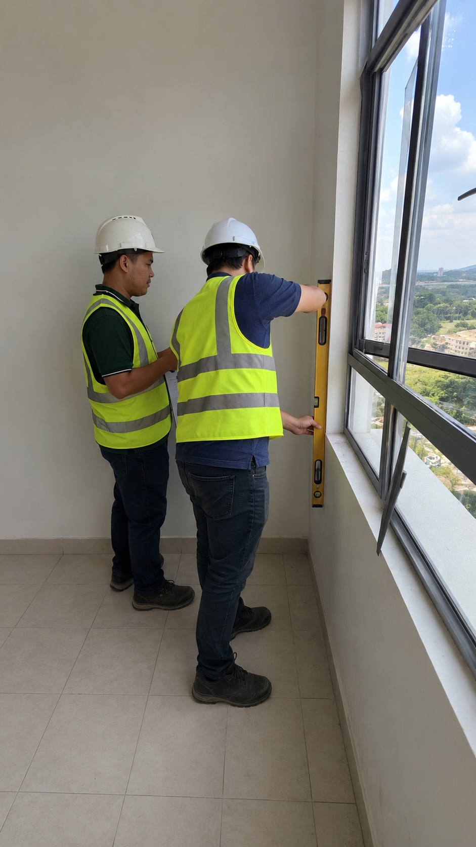 Asal Bina QA inspection — measuring floor tiling